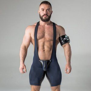 MASKULO Wrestling Singlet Open Rear, Detachable Codpiece, Navy w Black, 2XL=40"